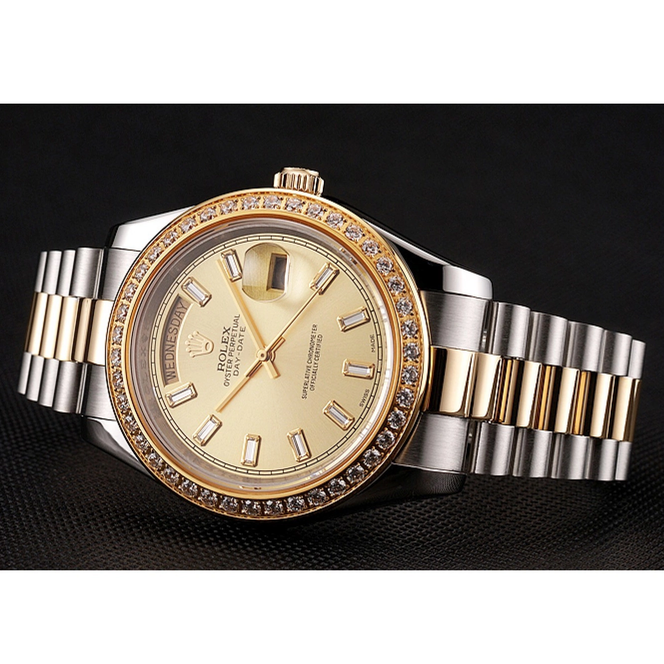 Aaa replica watch Day-Date Swiss Bracelet Dial Two Rolex Bezel 1454103 Tone Champagne Diamond 0607